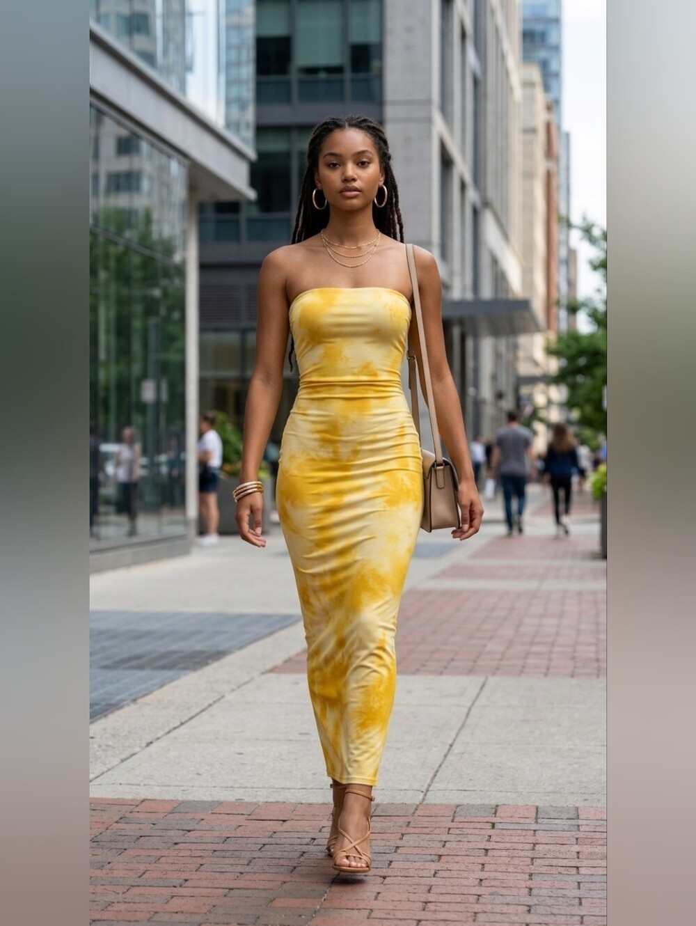 Nwot Strapless Yellow Tie-Dye Bodycon Midi Dress